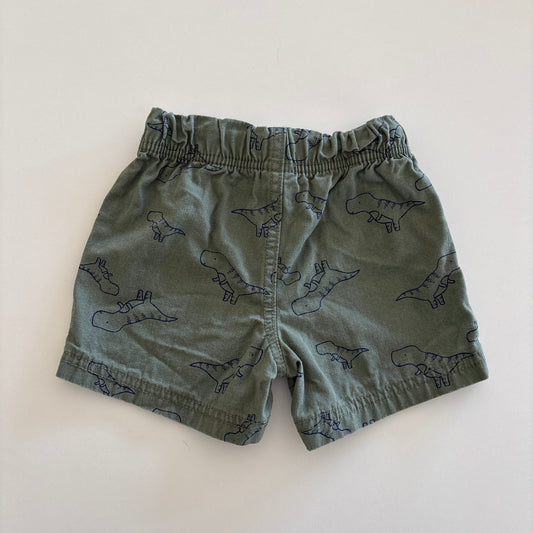 back view of green shorts with dinosaur print