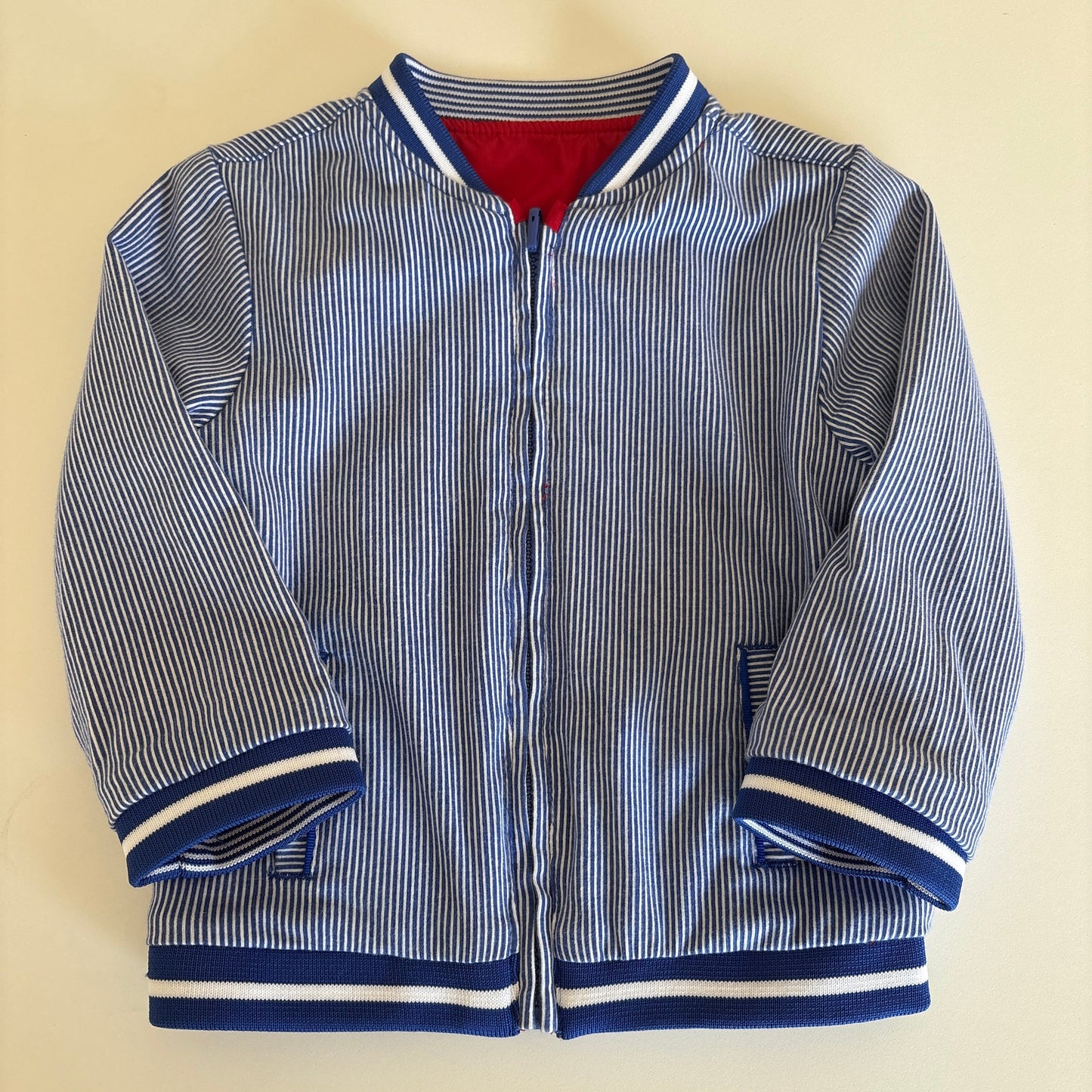 A long-sleeve zip-up jacket with a blue and white striped pattern, featuring blue and white striped ribbed cuffs and collar, and a red lining visible inside the collar, laid flat on a light beige background.