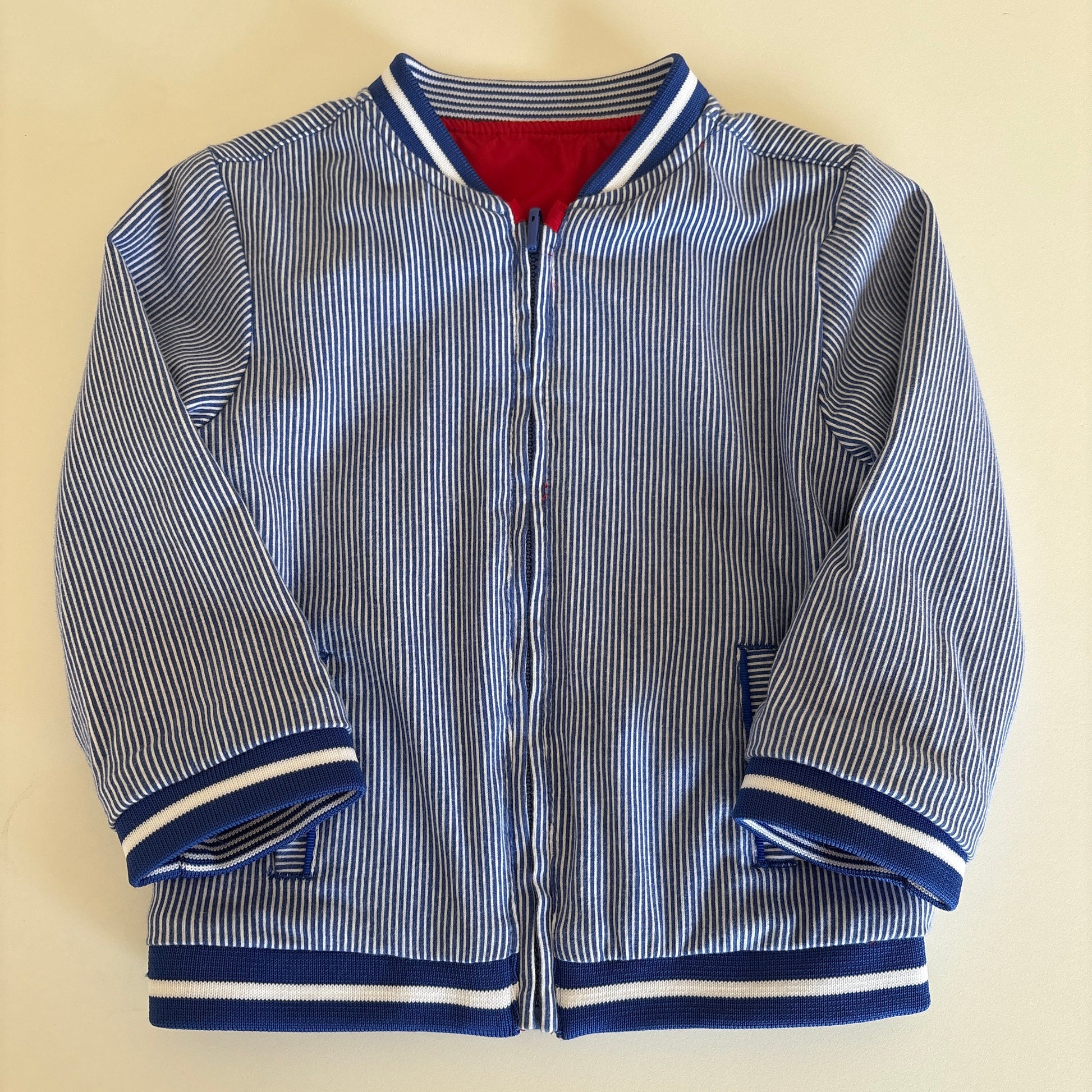 A long-sleeve zip-up jacket with a blue and white striped pattern, featuring blue and white striped ribbed cuffs and collar, and a red lining visible inside the collar, laid flat on a light beige background.
