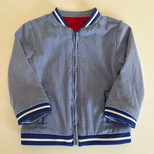 A long-sleeve zip-up jacket with a blue and white striped pattern, featuring blue and white striped ribbed cuffs and collar, and a red lining visible inside the collar, laid flat on a light beige background.