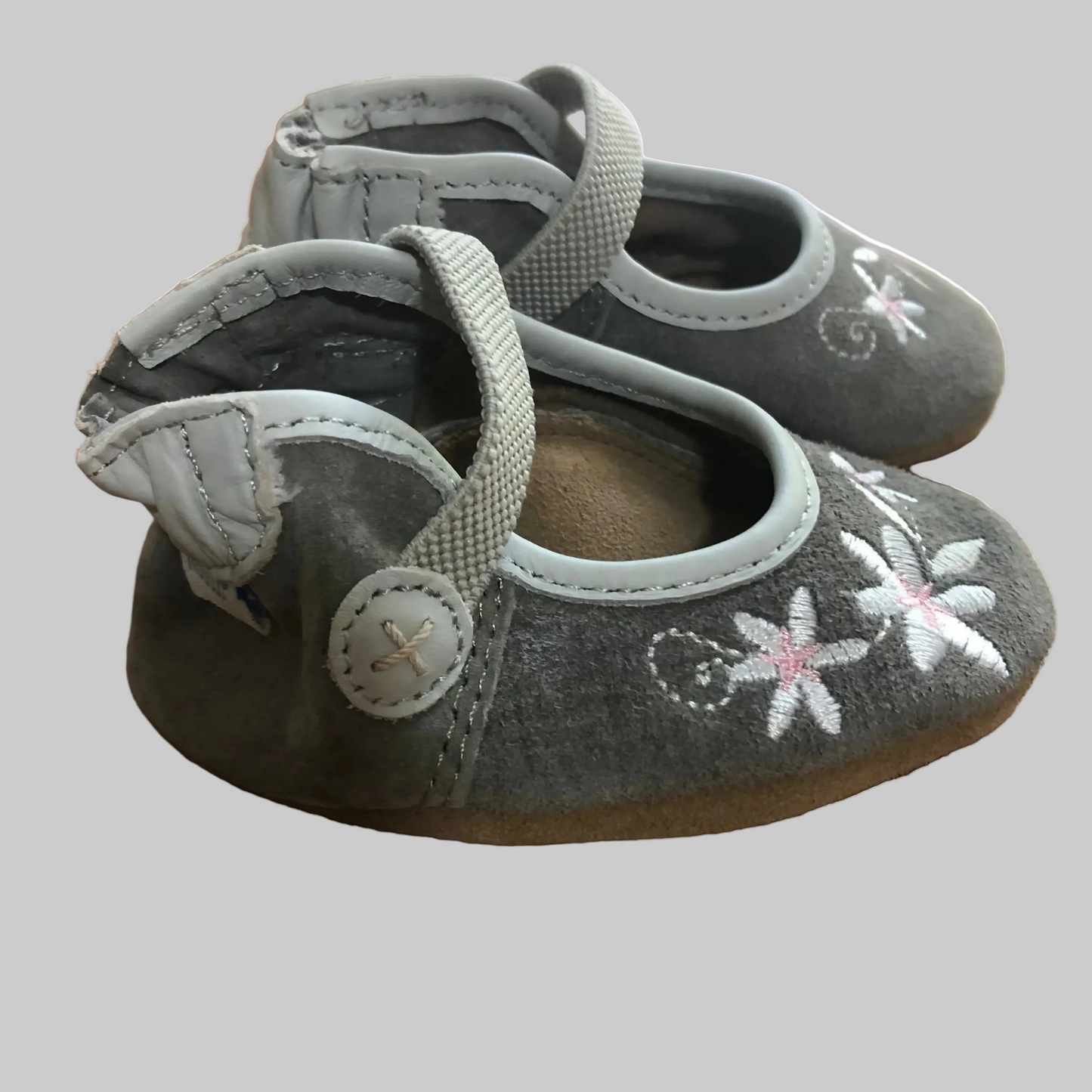NWOT Robeez Gray Floral Leather Soft Sole Shoes 0-6M (Pre-Loved)