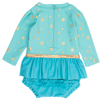 Teal & Gold Princess Long Sleeve Bow Skirted One-Piece Swimsuit