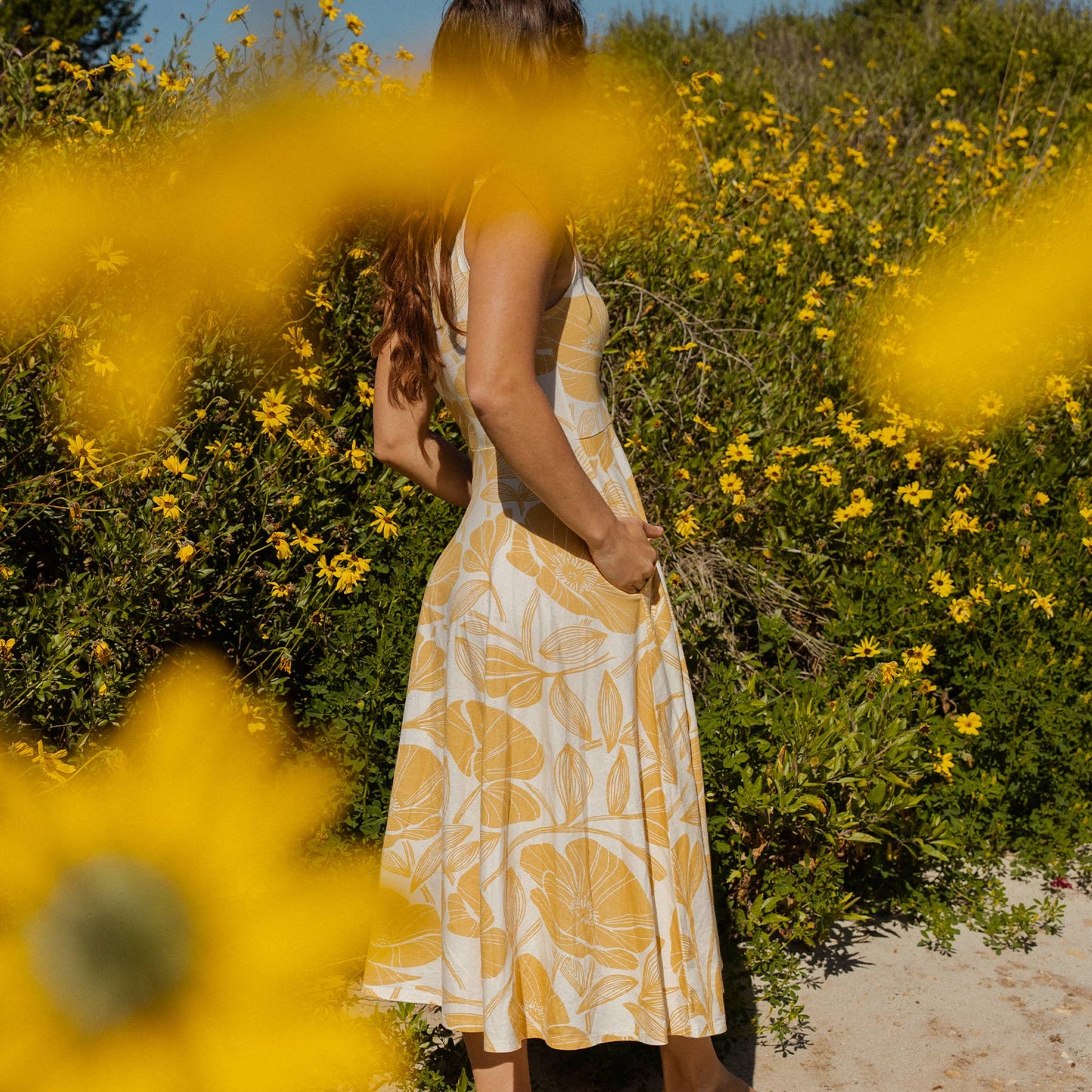 Organic Midi Fit + Flare Dress | Golden Poppies | Happy Earth Organic Midi Fit + Flare Dress | Golden Poppies | Happy Earth