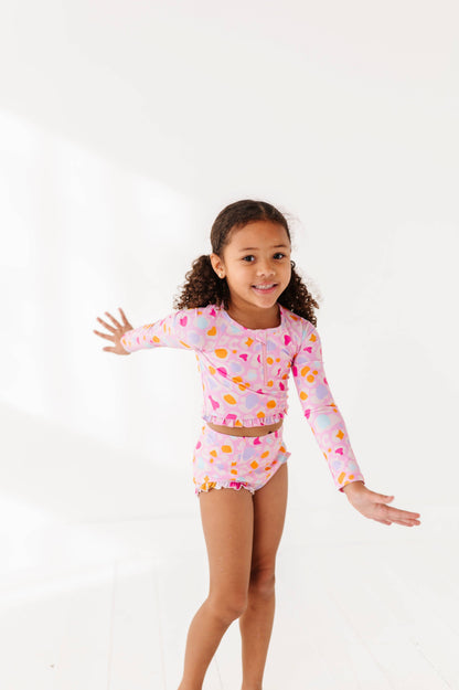 1/4th Zip Rashguard Two-Piece Swimsuit | Pink Leopard