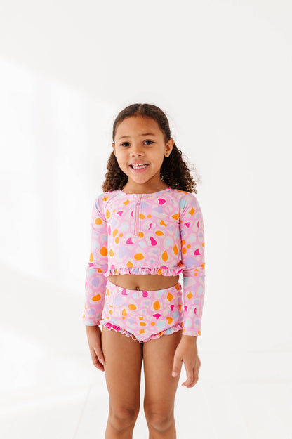 1/4th Zip Rashguard Two-Piece Swimsuit | Pink Leopard