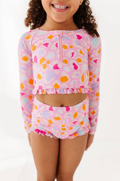 1/4th Zip Rashguard Two-Piece Swimsuit | Pink Leopard