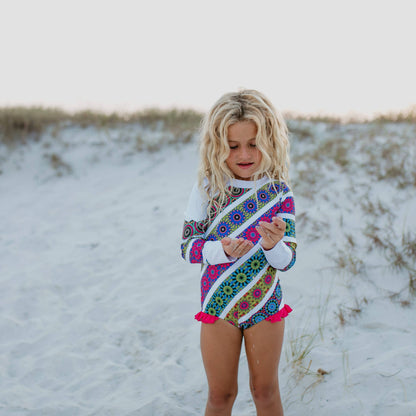 Kids' One-Piece Swimsuit | Long Sleeve | Bright Mandala Stripe