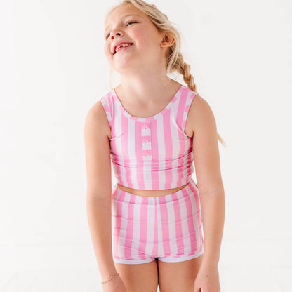 Girls' Boy Shorts Two-piece Swimsuit | Pink Stripes