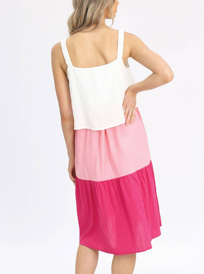 Sleeveless Maternity & Nursing Linen Tiered Dress | White & Pink