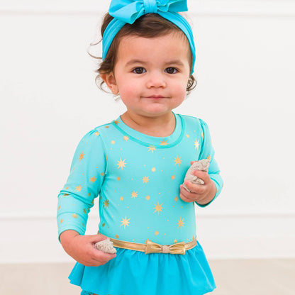 Teal & Gold Princess Long Sleeve Bow Skirted One-Piece Swimsuit