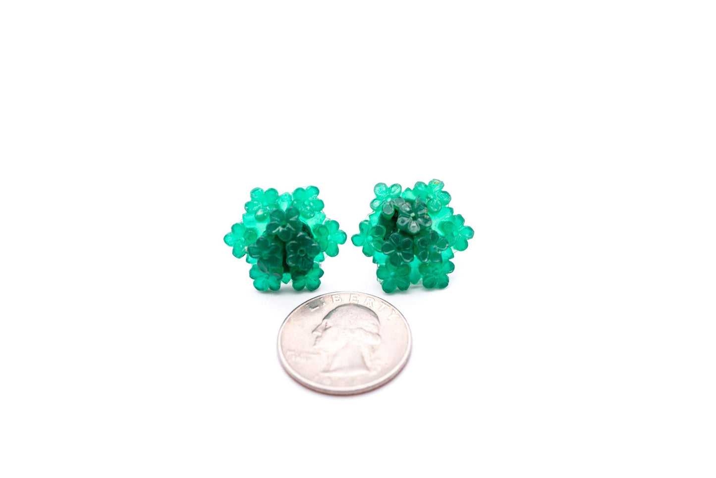 Emerald Jade Green Carved Resin Floral Cluster Stud Earrings