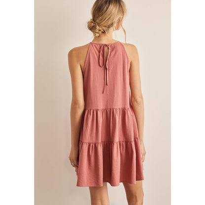 Lace Contrast Tiered Halter Neck Mini Dress