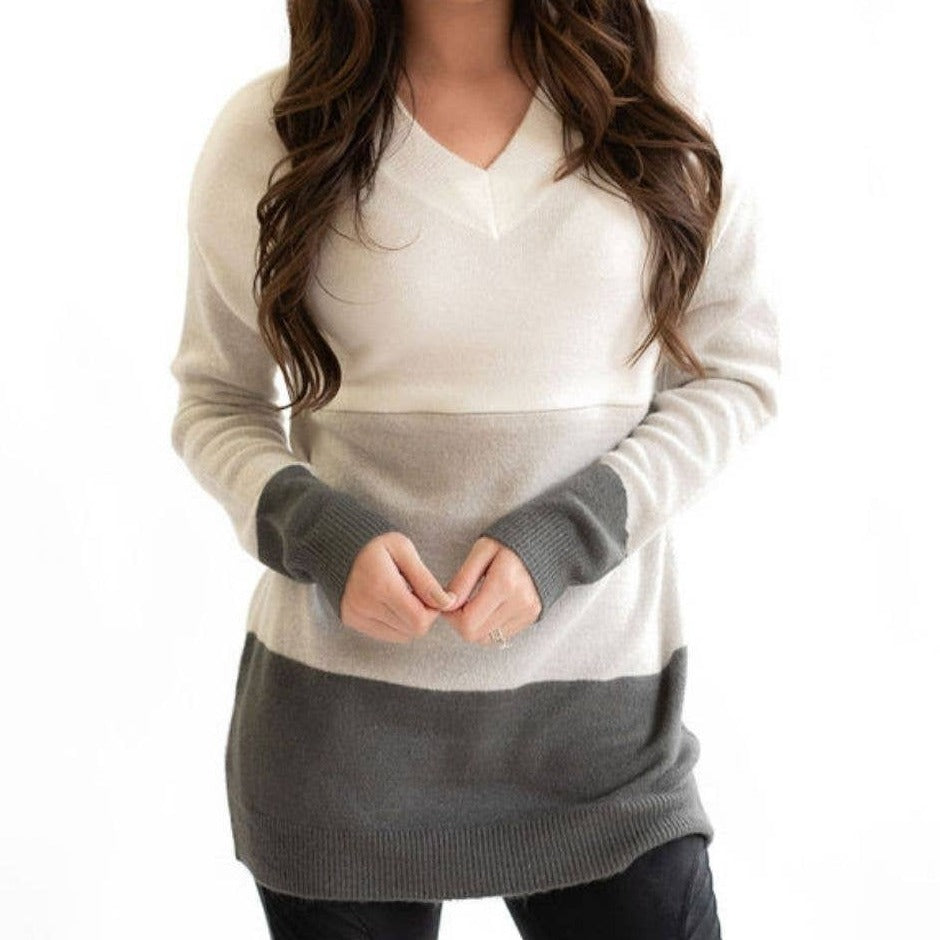 Fuzzy Nursing Sweater - Colorblock Gray