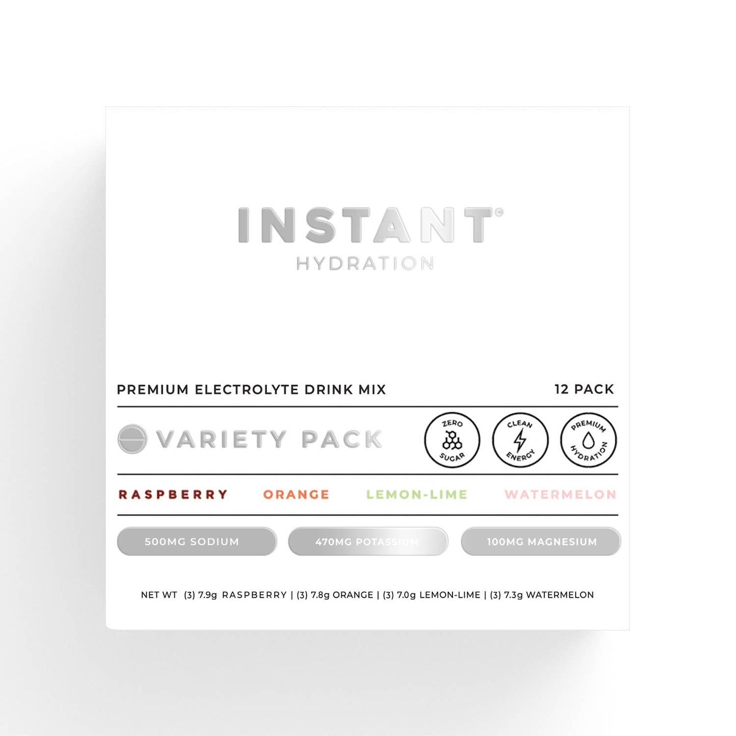 Instant hydration drink mix variety pack label on a white background