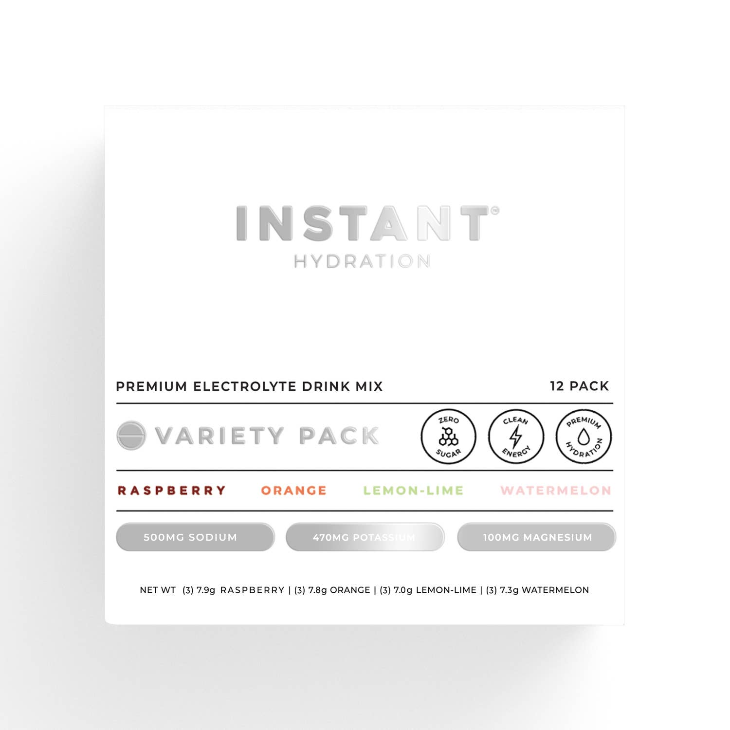 Instant hydration drink mix variety pack label on a white background