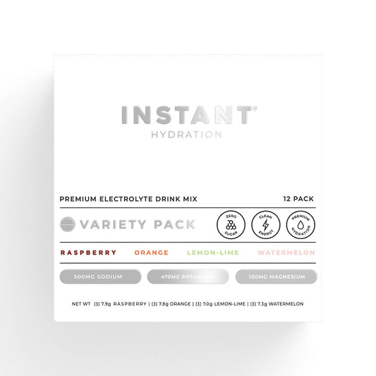 Instant hydration drink mix variety pack label on a white background