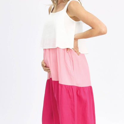 Sleeveless Maternity & Nursing Linen Tiered Dress | White & Pink