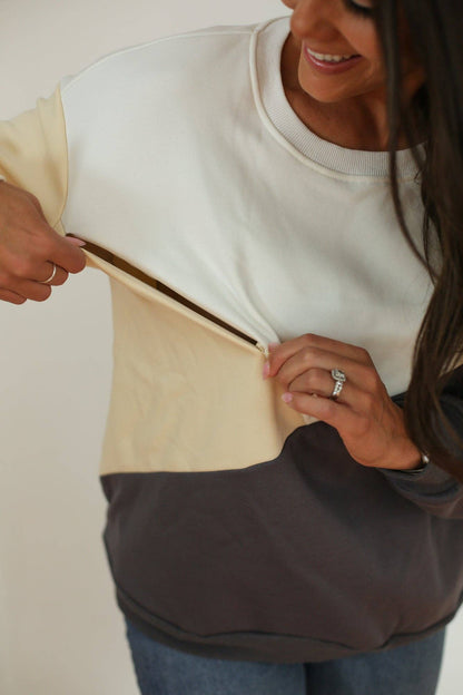 Crewneck Diagonal Zip Breastfeeding Sweatshirt | Camel