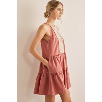 Lace Contrast Tiered Halter Neck Mini Dress