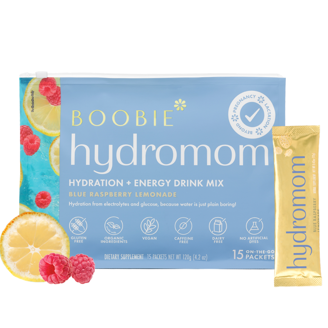 Boobie Hydromom hydration and energy drink mix packaging with a single packet on a white background.