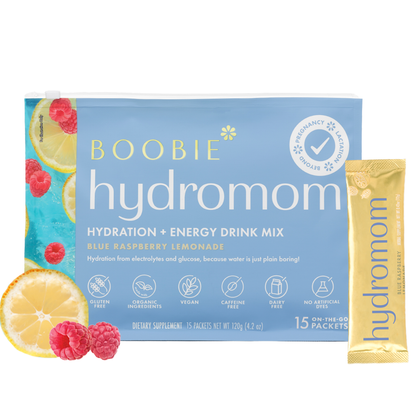 Boobie Hydromom hydration and energy drink mix packaging with a single packet on a white background.