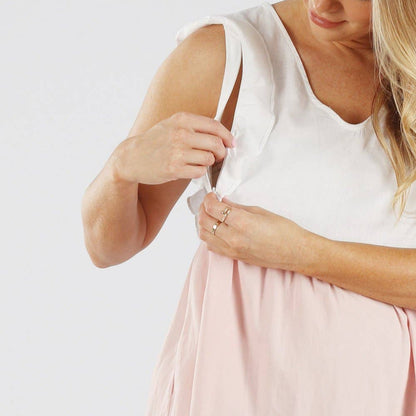 Maternity & Nursing Linen Blend Tiered Dress | White, Blue, & Pink
