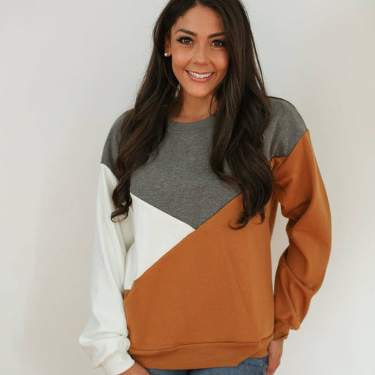 Crewneck Diagonal Zip Breastfeeding Sweatshirt - Camel